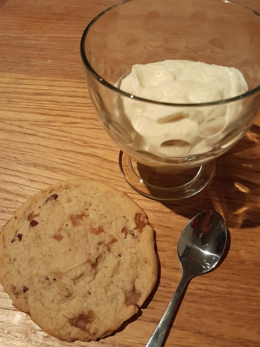 #CookJan 20/1 - apple snow and a (shop bought) salted caramel and pecan cookie. Apple snow recipe from the River Cottage website - a great way to use up a glut of Bramleys and leftover egg white.