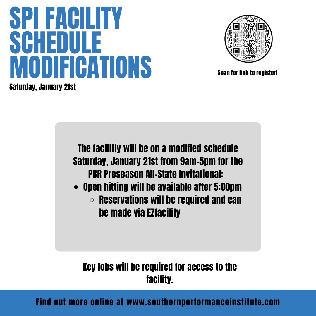 🚨Facility Modifications 1/21/2023🚨

SPI will be closed between 9am and 5pm tomorrow Saturday, January 21st 2023 for the PBR Preseason All-State Invitational. Open hitting will be available after 5pm with reservations. 

@PBR_Mississippi