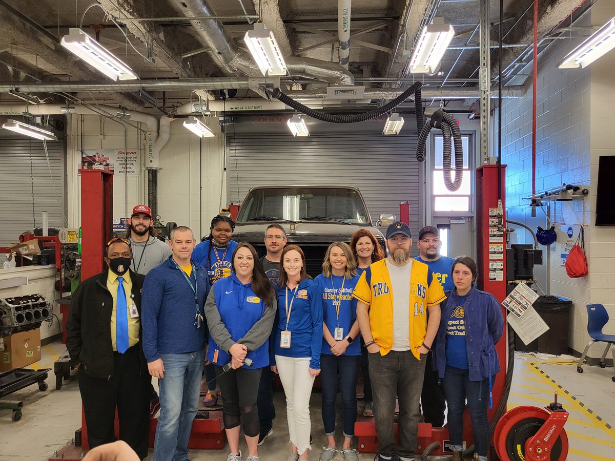 Jake’s CTE coworkers/admin in our Blue and Gold today in the Auto Shop!