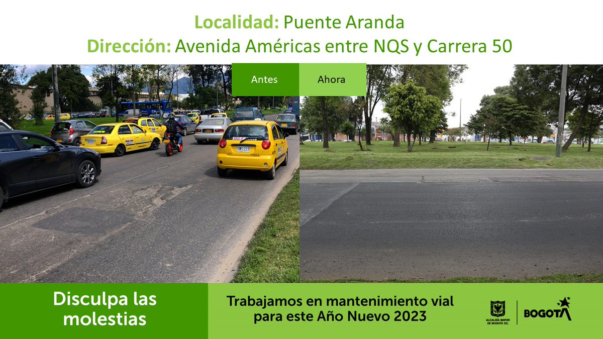 SectorMovilidad's tweet image. Los habitantes de #PuenteAranda que a diario se movilizan por la avenida Américas entre NQS y Carrera 50 ya cuentan con un trayecto más seguro en su desplazamiento. 

🚧Durante el #PlanDeMantenimientoVial mejoramos los daños viales que afectaban esta vía.