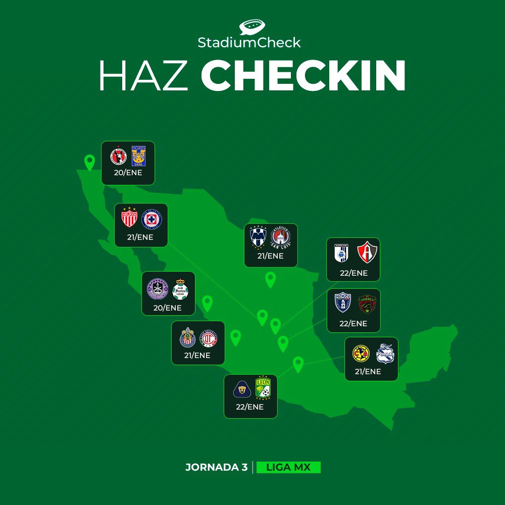 ¡¡¡MOMENTO DE FUTBOL MEXICANO!!!🇲🇽🤩

Esta es la ruta completa de los partidos de la Jornada 3 de la Liga MX. 

Si asistes a alguno, recuerda hacer Check-In en StadiumCheck, disponible en Apple Store y Google Play.