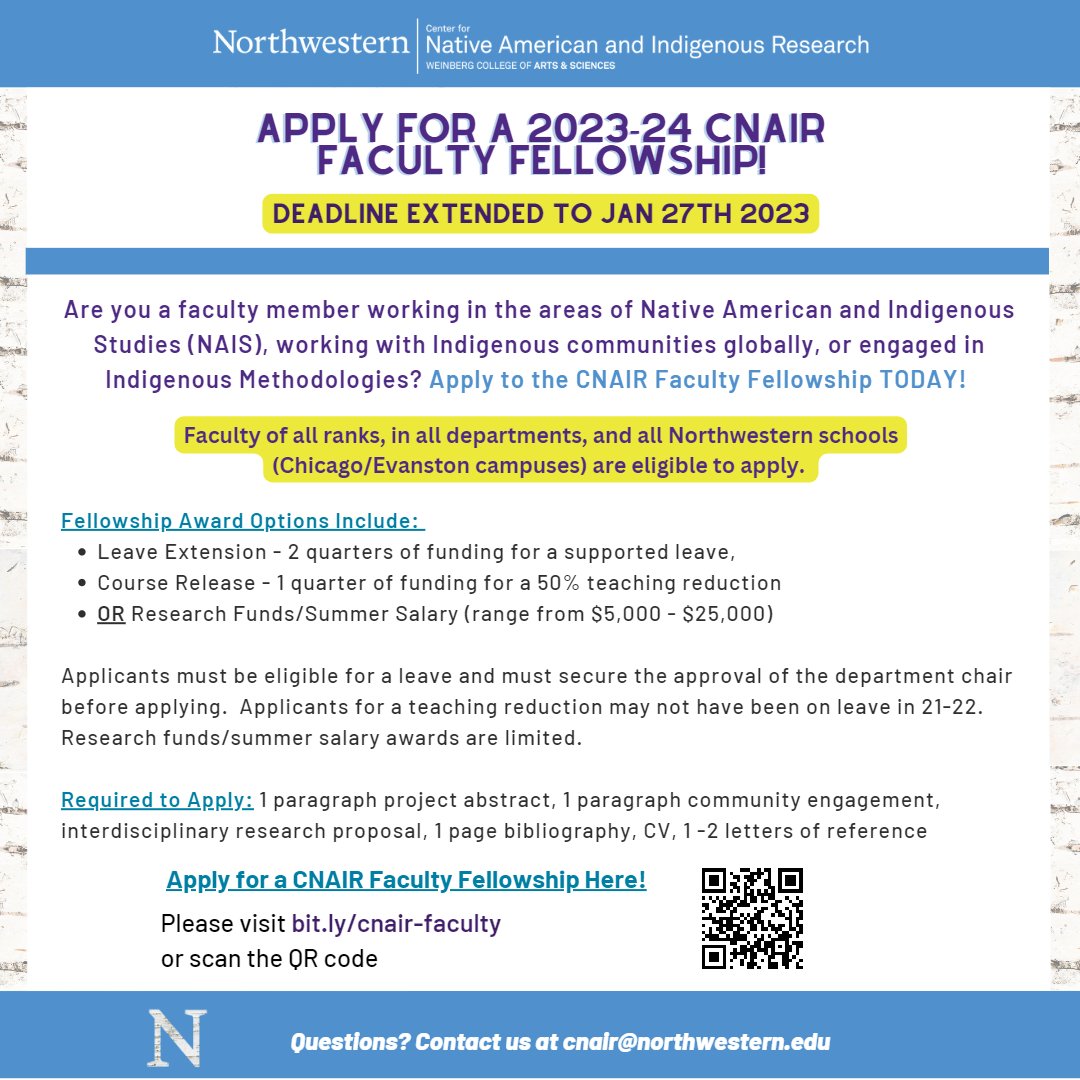Are you a faculty member working on an Indigenous focused project? Apply to the CNAIR Undergraduate Research Fellowship by Jan 27th! CNAIR awards can be used for leave extension, course release, or research funding (summer salary). Apply at bit.ly/cnair-faculty