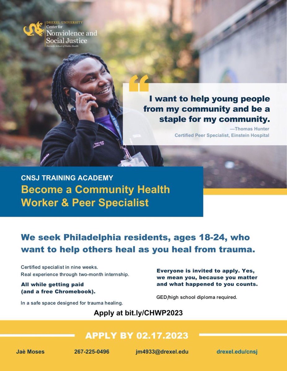 WestPhillyPN's tweet photo. To gain tools for healing and help others use them, join the Center for Nonviolence and Social Justice’s paid training and internship! Apply at the link below by February 17 for your chance to be a certified Community Health Worker and Peer Specialist.

https://t.co/bKLay93FPe https://t.co/hp9O6LqEnX