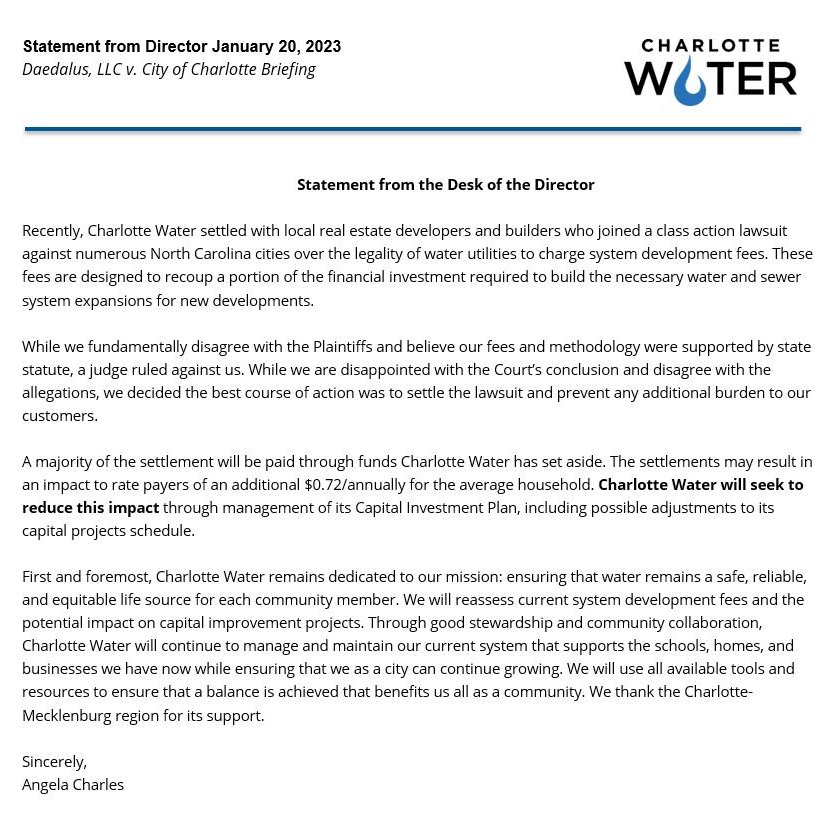 Charlotte Water Director statement regarding the recent system development fee lawsuit: bit.ly/CLTWaterLawsuit