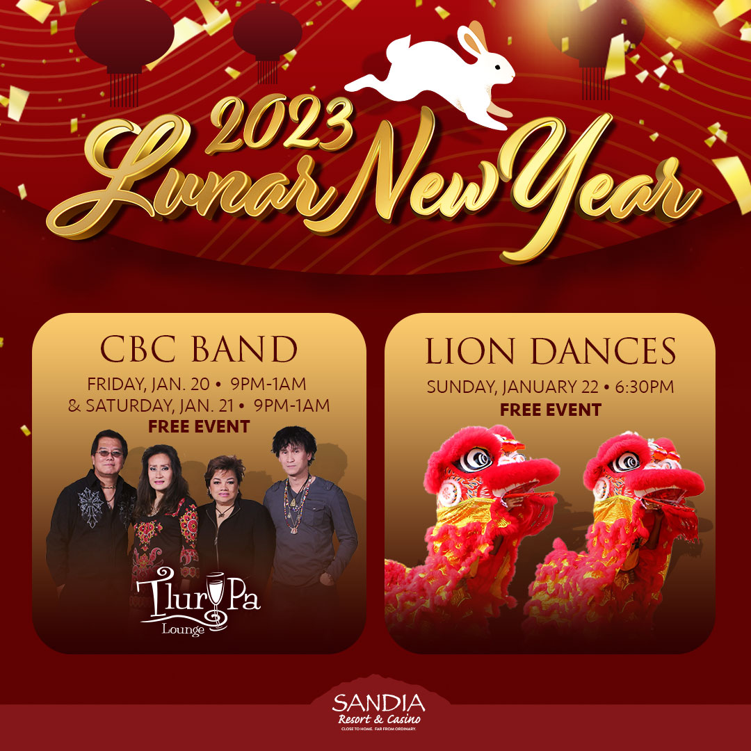 Join us this weekend as we #celebrate #LunarNewYear! 🎊

We're #honoring the #YearOfTheRabbit w/ the #CBCBand TONIGHT & tomorrow, plus #LionDances on Sun 1/22. Both #events are #FREE!

ℹ️ bit.ly/3XWXegz

#sandia #sandiacasino #sandiaresort #casino #resort #chinesenewyear