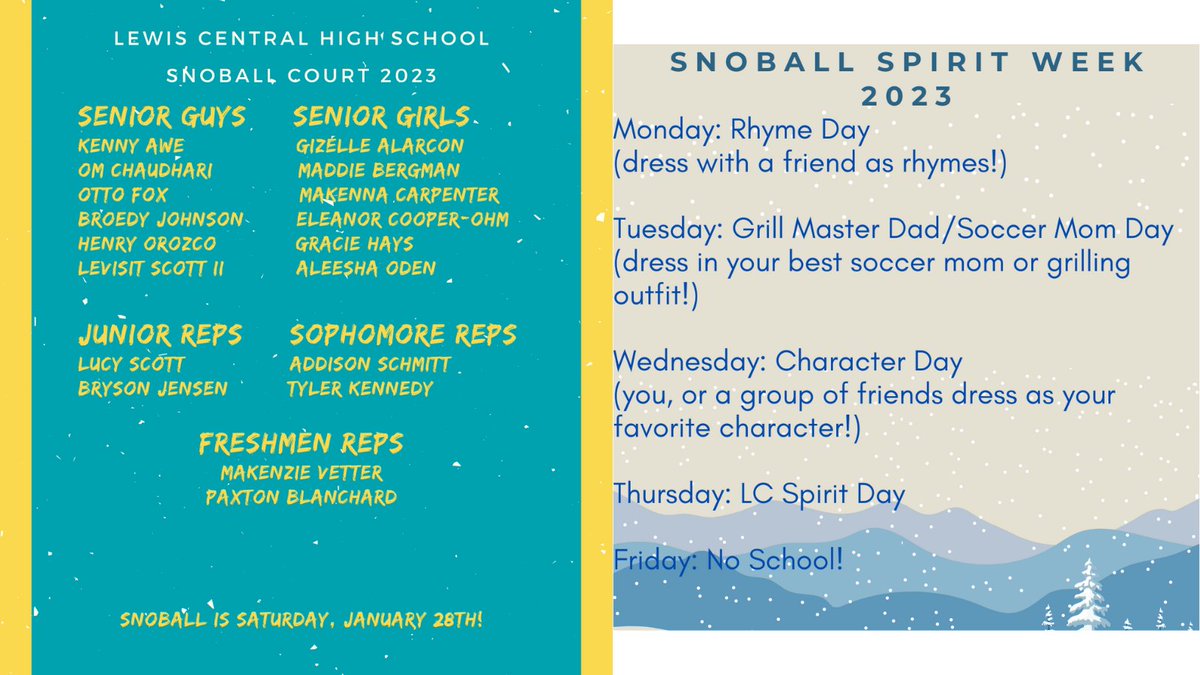 Congratulations to the 2023 LCHS Snoball Court! 

LCHS Students - check out the dress up days for next week!

#LCTitans #InspiringExcellenceLC