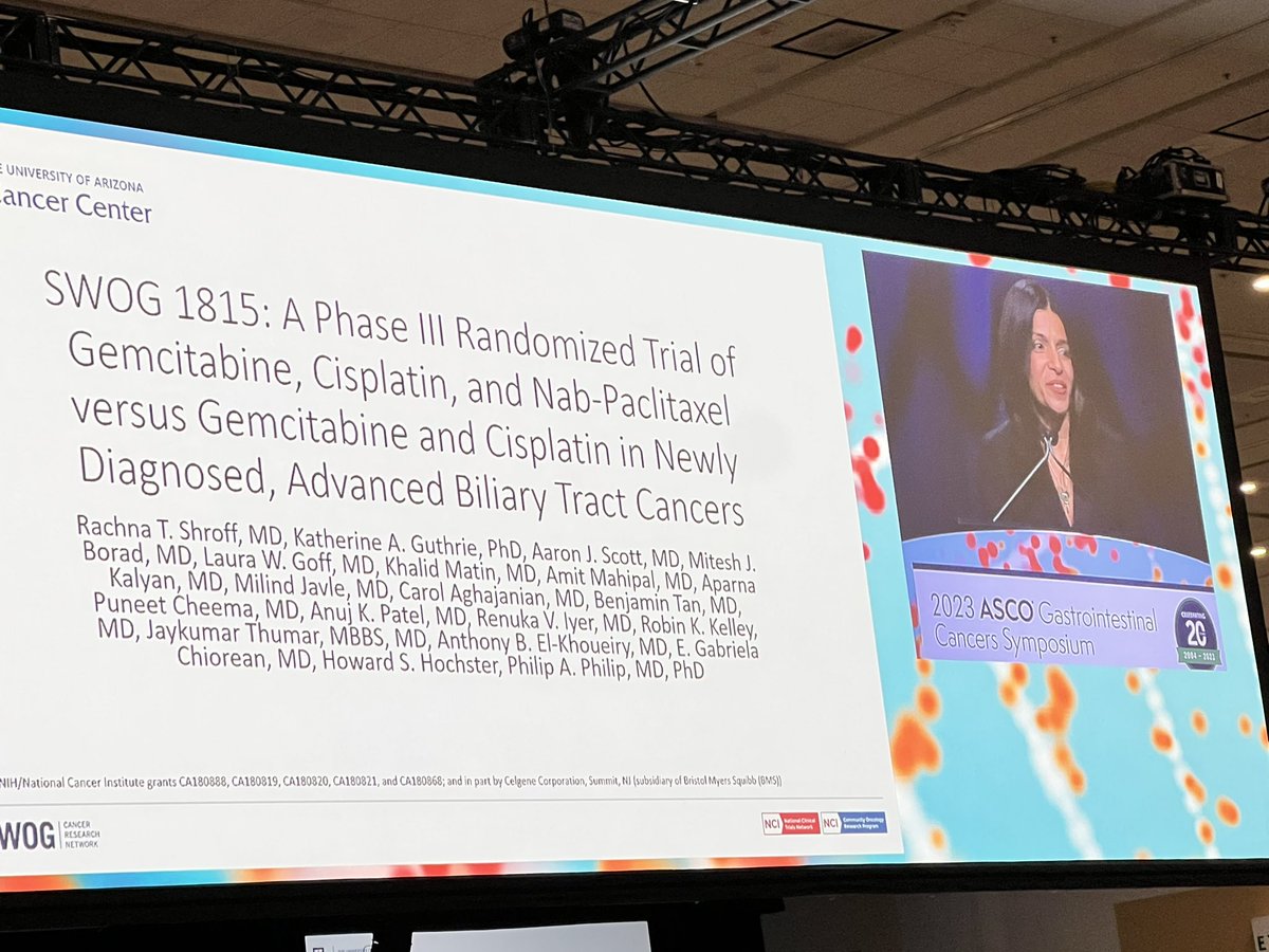 S1815 is an important ‘negative’ 1L BTC study #GI23 <a href="/ASCO/">ASCO</a> 
-ph2 GCN mOS 19m
-ph3 GCN mOS 14m with no significant difference to GC
standard w/ ⬆️ toxicity
➡️ thanks to <a href="/rachnatshroff/">Rachna Shroff, MD, MS, FASCO</a> etal for reminding us why we need to do phase 3 trials even in uncommon cancers 🙏
<a href="/OncoAlert/">OncoAlert</a>