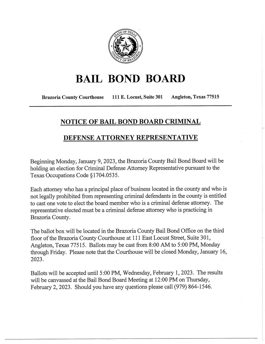 BrazoriaBar's tweet image. Bail Bond Board Criminal Defense Attorney Representative Election