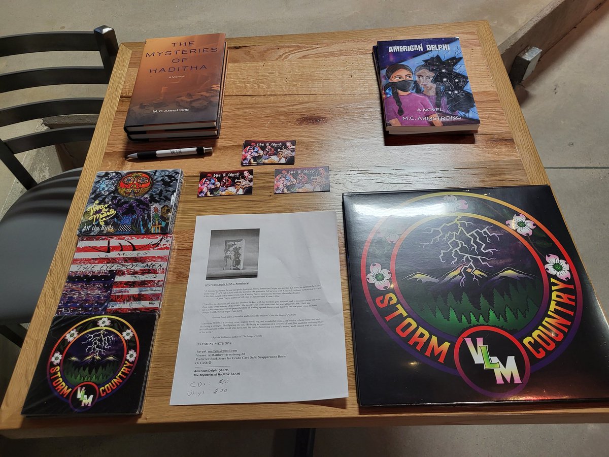 mcarmystrong's tweet photo. This is my work. This is my play. Come support puppies, music, and YA?
@yesweekly @VivaLaMuerteNC
@MilspeakF @PotomacBooks
#StormCountry #AmericanDelphi
#TheMysteriesOfHaditha #TheEyesOfMen #MCArmstrong
#SteelHandsBrewing #SteelHandsUnplugged https://t.co/YeEfTBquc3