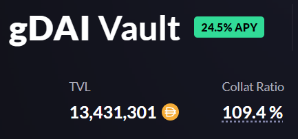 Gemhunter9000's tweet photo. Even with Arbi $DAI TVL growing from $7m to $13.4m, the gDAI vault APY is still >24%!! 

A testament to how explosive gTrade volumes have been on @arbitrum recently. And the $100k trading competition hasn't even begun yet!

➡️https://t.co/n2O7JXlyUK

@gains_trade $GNS https://t.co/yfwFHHm2m9