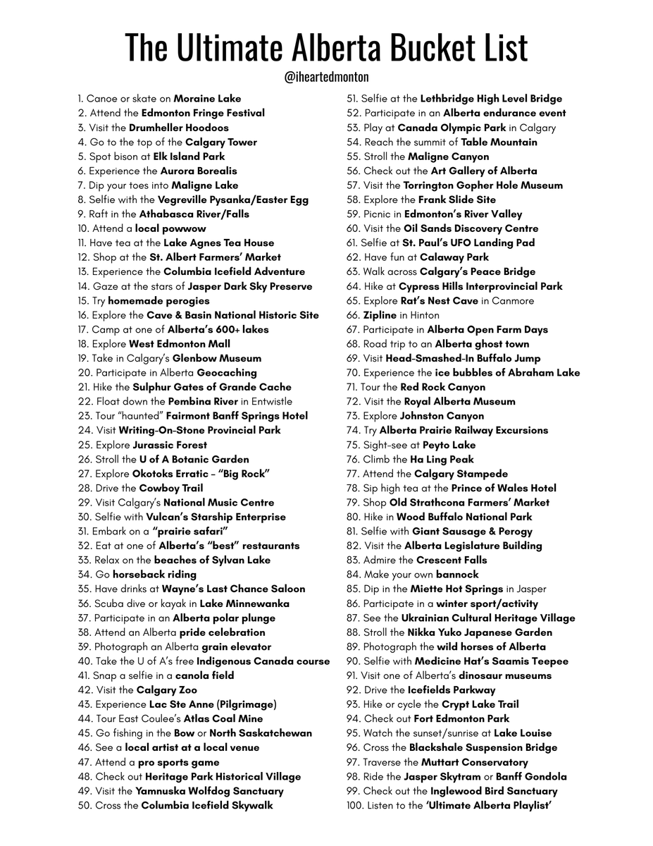 iheartedmonton's tweet photo. How many of the 100 "Ultimate Alberta Bucket List" adventures have YOU completed?! #AlbertaBucketList #TravelAlberta #ExploreAlberta #Alberta #yeg #yyc 

https://t.co/w2LZFnzTsj https://t.co/zQSp2drKU3