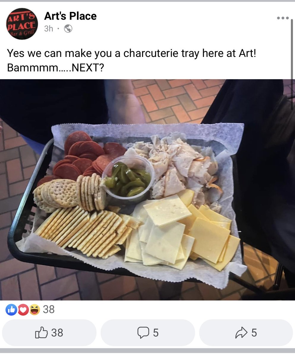 Nosirrah24's tweet photo. Looking for a girl to split the charcuterie board at Art’s Place https://t.co/QkPQKjhuiU