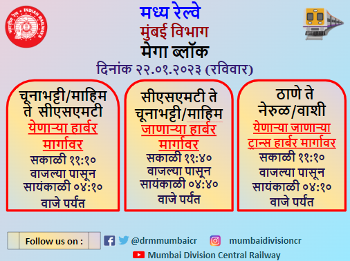 drmmumbaicr's tweet image. रविवार दिनांक २२.०१.२०२३ रोजी "मेगा ब्लॉक"
#megablock #sundayblock #sunday #mumbai #centralrailway 
@Central_Railway @drmbct @YatriRailways