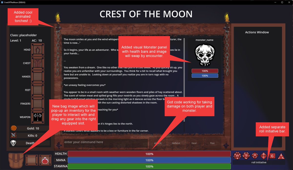 ProfitzTV's tweet photo. Tonight's progress. Thought it would be cool to have a visual representation of the mobs you encounter and their own health/mana bars. Images will change from my own graphics based by encounter.
#Godot4 #GodotEngine #TheBaldDev #GameDev #IndieDev #Learning2Code #FantasyGame https://t.co/ZPmdgpC0SW