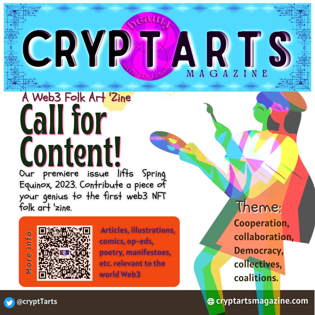 cryptTarts's tweet image. Seeking #NFTartists #writers #contentcreators #artists to contribute to our premiere issue: a #web3 #FolkArt #zine helping self-taught artists bring their work into the world of blockchain. Tag friends who may be interested! Thank you for any support!