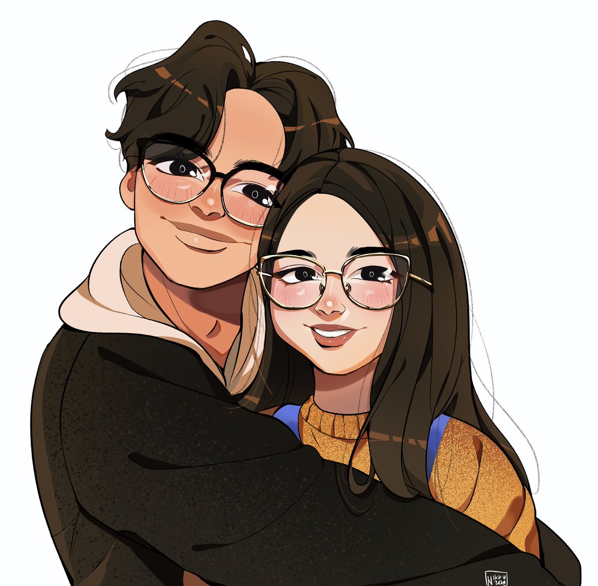 1girl 1boy glasses hetero smile sweater hug  illustration images