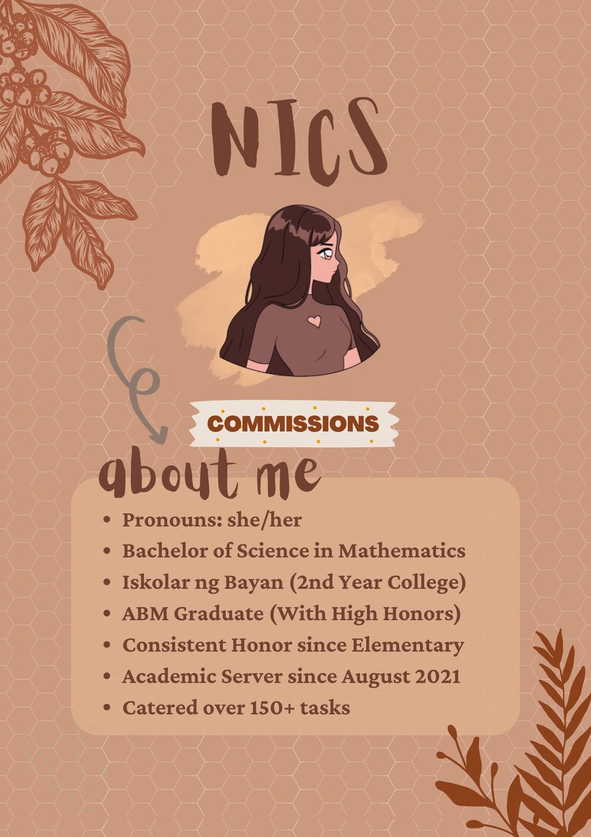 nicscomms's tweet image. 🧸. . . hola ! welcome to nic&apos;s comms ʕ⁠っ⁠•⁠ᴥ⁠•⁠ʔ⁠っ

╰► you can call me nic ! need help with academic struggles ? read my comms sheet below for more details 🤎

╰►for navigations
#nicscommshelp — proofs 
#holanics — updates
#risewithnics — progress