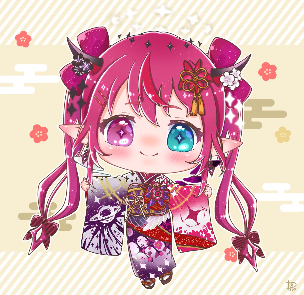 irys (hololive) 1girl japanese clothes kimono heterochromia horns long hair chibi  illustration images