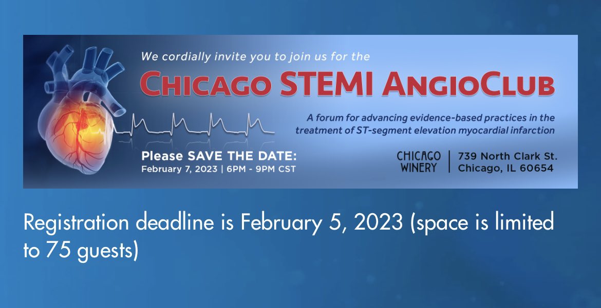 Pls join me Feb 7th at the Chicago Winery for an AngioClub dedicated to adventures in #STEMI PCI. Fortunate to have a great agenda &amp; all-star faculty: <a href="/BurkhoffMd/">Dan Burkhoff MD PhD</a> <a href="/Babar_Basir/">Babar Basir</a> <a href="/AdhirShroff/">Adhir Shroff</a> <a href="/AnuShivaraju/">Anupama Shivaraju, MD</a> <a href="/SteveAChicago/">Steve Attanasio</a> &amp; <a href="/jrosenberg21/">Jonathan Rosenberg</a>. Pls register👇🏽. C U there! #CardioTwitter