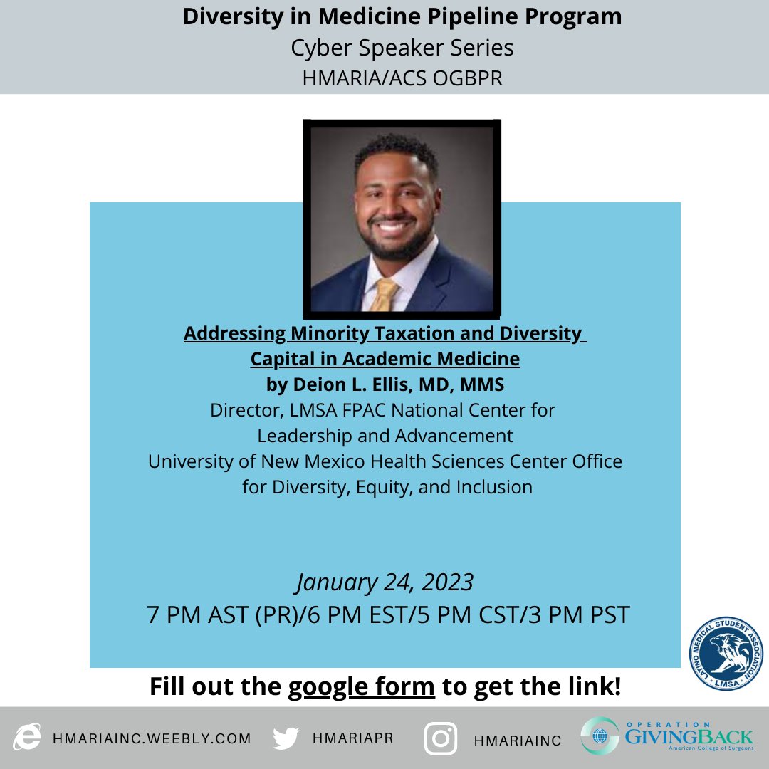 HMARIApr's tweet photo. Our Cyber Speaker Lecture Series continues! Join us and listen to the amazing Dr. Ellis, National Center Director at LMSA, talk about Minority Taxation and Diversity Capital in Academic Medicine!
Don’t miss this amazing opp to learn more about how to embrace our diverse identity. https://t.co/f5tIHpm6Aj
