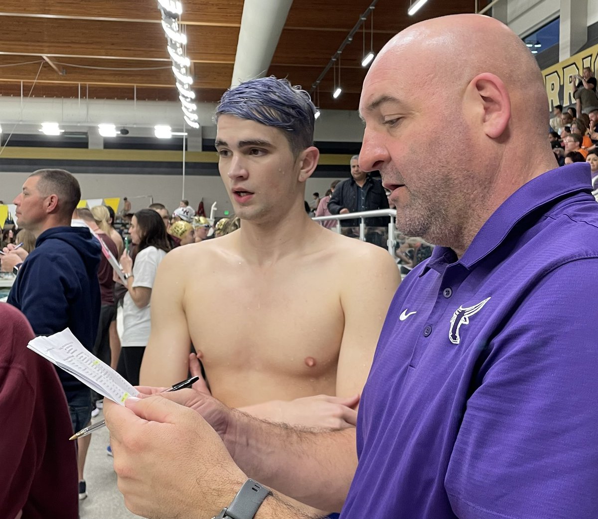 MRHSMavericks's tweet photo. The coaching never ends … even when you just beat the school record in the 500 free at the District Meet!!! Finals are tomorrow at 3pm at Jordan HS!  Way to go Nick Freeman!!! @MrhsSwimming #aquamavs #ilovemortonranch https://t.co/zBkHGgR2xo