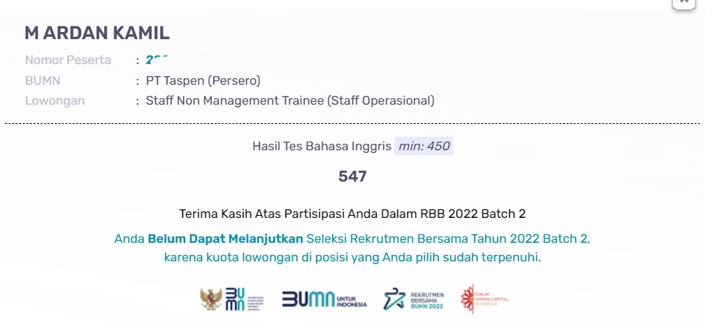 ArdanKamil's tweet photo. Nilaiku segini dan barusan dapet pengumuman BUMN ga lulus, banyak yang nilainya 451 tapi lolos walaupun di perusahaan yg beda, terasa aneh tapi bisa apa. https://t.co/Rw3F0TfsXY