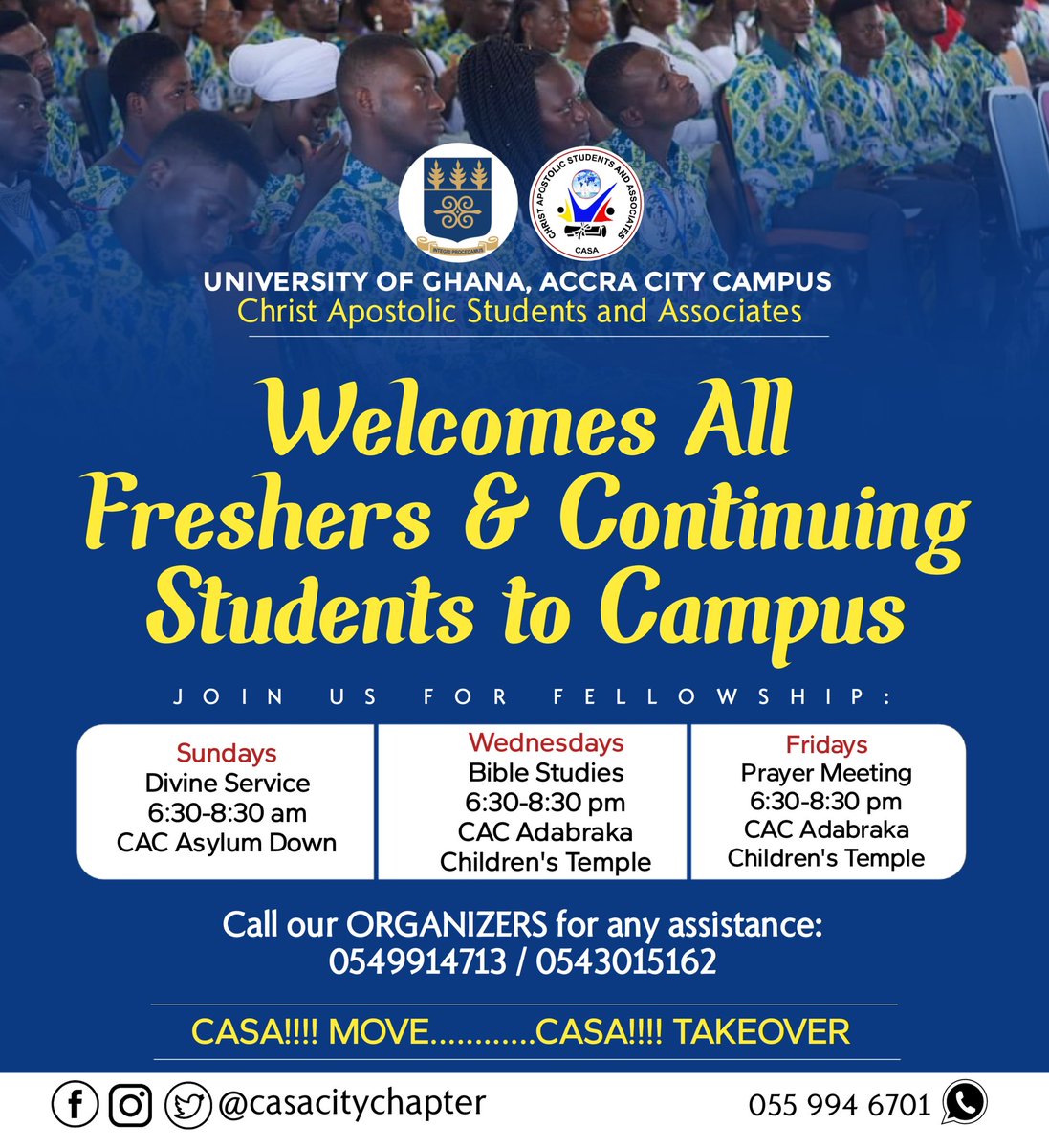 casacitychapter's tweet photo. An official #welcome from us to all freshers and continuing students of UG-ACC. Feel free to join us for fellowship on campus. 🤝🥰🤍
#casacitychapter #casaug #casagreateraccra #casaglobal #casamove #casatakeover #WithAVision #ComeAndSee #WithAStrongVision #bearingfruits100fold https://t.co/onTyONwvf2