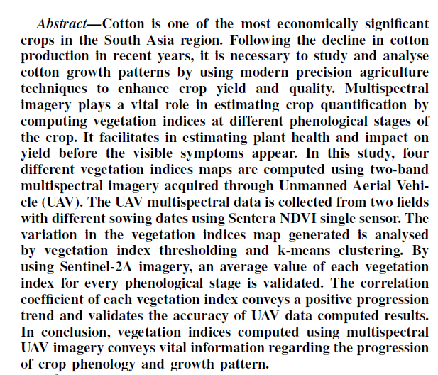 AusCottonSci's tweet photo. Analysis of Vegetation Indices in the Cotton Crop in South Asia region using UAV Imagery
https://t.co/kxMDTSzzRB 
Using multispectral UAV imagery conveys vital information regarding the progression of crop phenology &amp; growth pattern
@OfficialNUST @TU_Muenchen @RRLab_tuk https://t.co/aeCmNOanBH