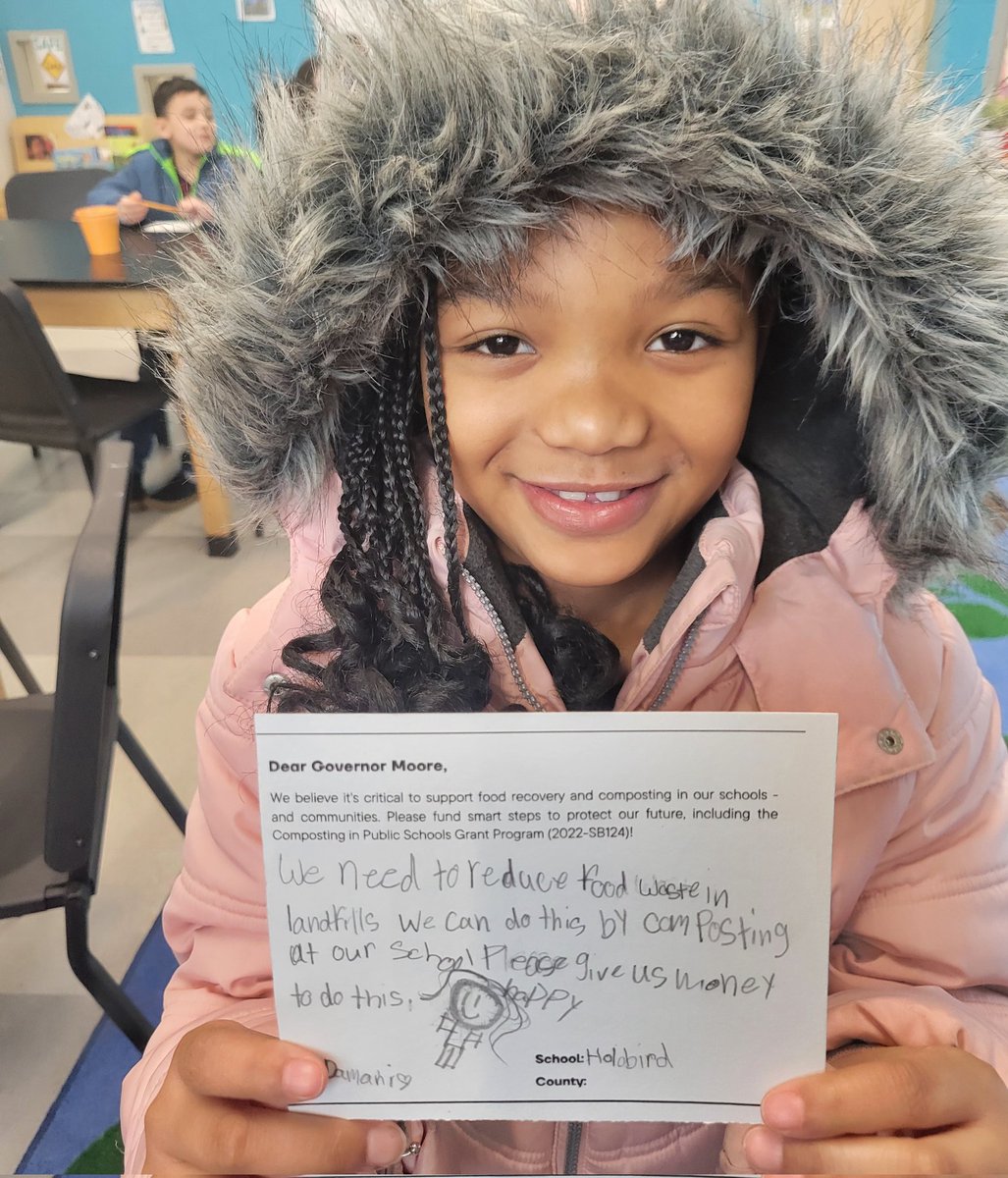 MsUnger229's tweet photo. @iamwesmoore these post cards will soon be on their way to you! Our @229Holabird students love composting and are hoping you will consider funding SB124 so that MD schools can work together to reduce food waste! @BaltCitySchools @MAEOE_MD https://t.co/I8Bwr0VQ7A