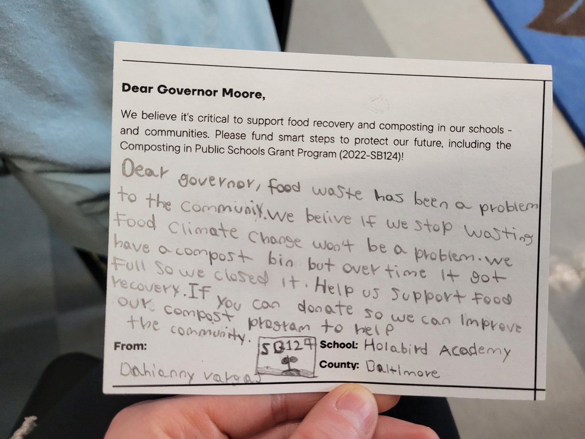 MsUnger229's tweet photo. @iamwesmoore these post cards will soon be on their way to you! Our @229Holabird students love composting and are hoping you will consider funding SB124 so that MD schools can work together to reduce food waste! @BaltCitySchools @MAEOE_MD https://t.co/I8Bwr0VQ7A