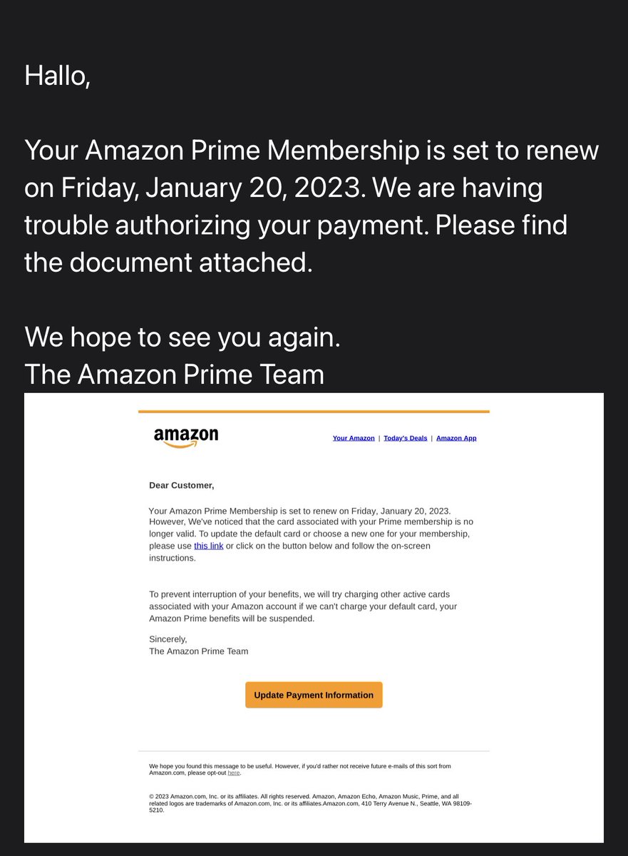 macsun's tweet photo. Reminder, if you see something like this, do not click! I went securely to Amazon and checked. Was renewed last November with Amazon’s own credit card brand.

But this is an amazingly deceptive look and language. https://t.co/3E3knaGxwH