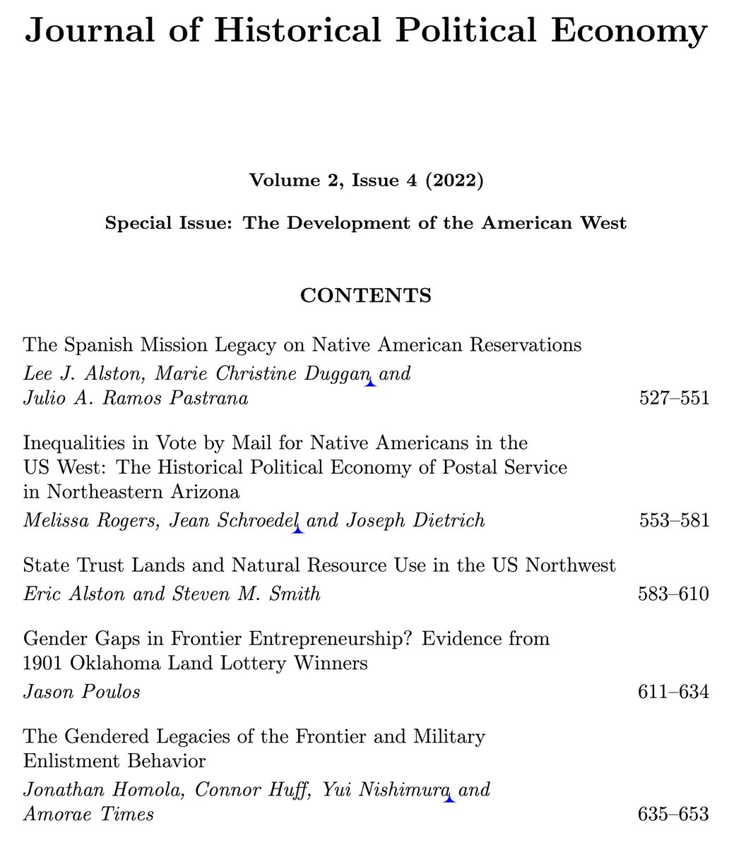 JHPE (@jhpe_journal) on Twitter photo Coming soon in <a href="/JHPE_journal/">JHPE</a>: 2(4), special issue on The Development of the American West. (Last issue of 2022 -- a tad late!) Articles by <a href="/MelissaZRogers/">Melissa Rogers</a>, <a href="/IncompleteRules/">Eric Alston</a>, <a href="/j_homola/">Jonathan Homola</a>, <a href="/DugganMarieC/">Marie Christine Dugg</a> & others. Coming soon in <a href="/JHPE_journal/">JHPE</a>: 2(4), special issue on The Development of the American West. (Last issue of 2022 -- a tad late!) Articles by <a href="/MelissaZRogers/">Melissa Rogers</a>, <a href="/IncompleteRules/">Eric Alston</a>, <a href="/j_homola/">Jonathan Homola</a>, <a href="/DugganMarieC/">Marie Christine Dugg</a> & others.