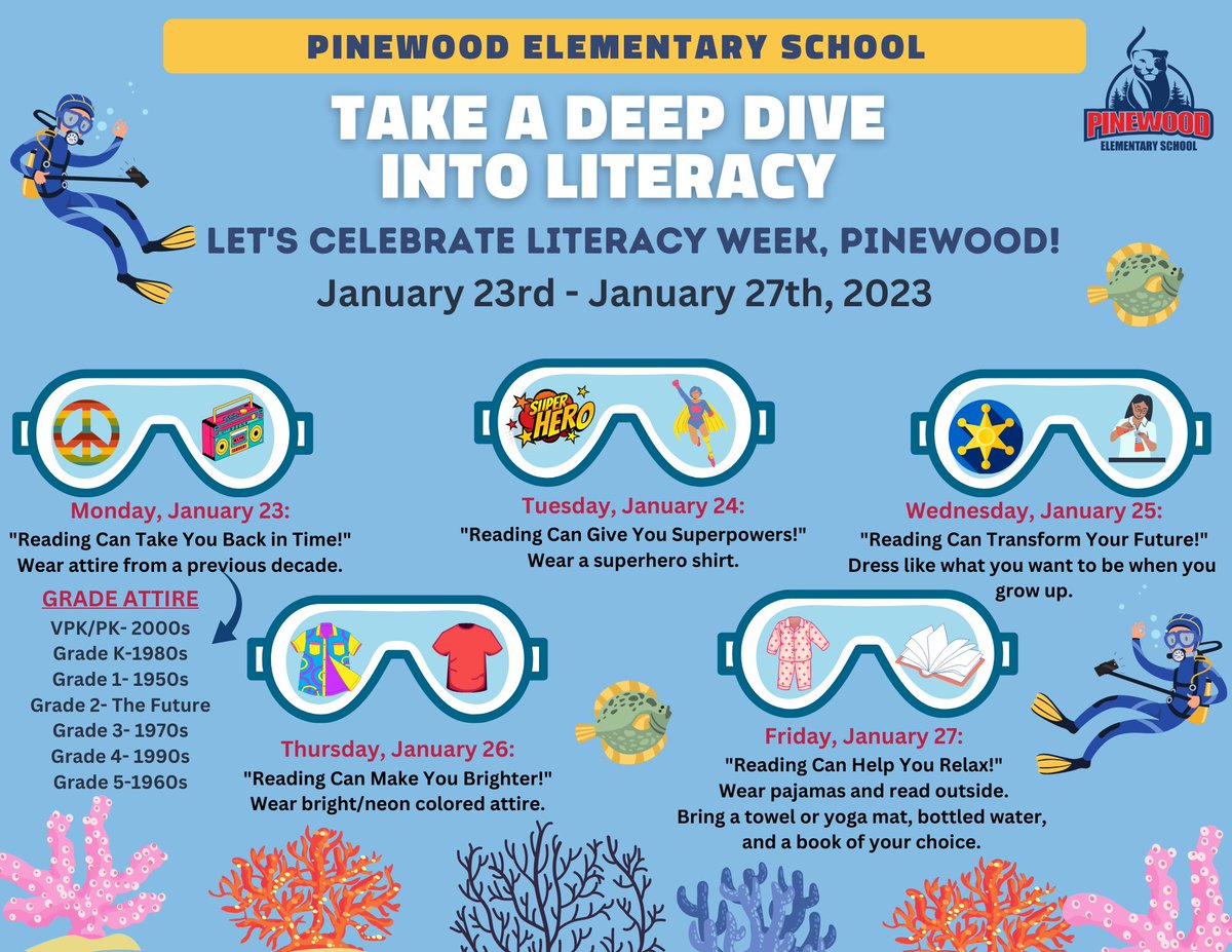 Pinewood is taking a DEEP DIVE into Literacy next week! 🐳📚#FLCelebratesLiteracy #BrowardReads <a href="/BCPSElementary/">BCPS Elementary</a>