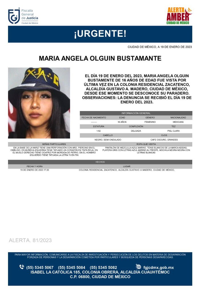 Ya son 25 HORAS de la desaparición de Ángela Olguín Bustamante, de 16 años, en el paradero de Indios Verdes.

Los papás ya vieron las cámaras del C5. 

Lo que hallaron fue espeluznante: Alguien toma del brazo a Ángela afuera de los baños y se la lleva por la fuerza. 

😕