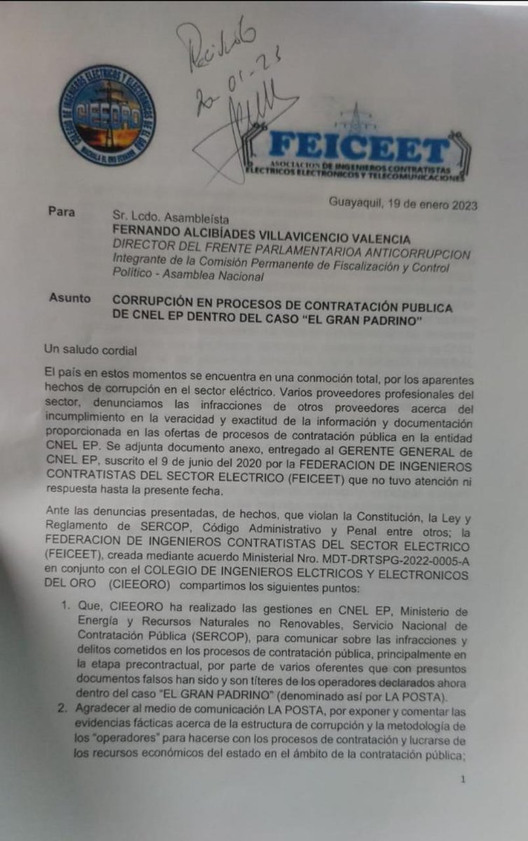 AsoConElec's tweet photo. Oficio entregado al Asambleísta Fernando Villavicencio en apoyo a la lucha contra la corrupción en empresas públicas del sector eléctrico. https://t.co/upyvLSpZsc