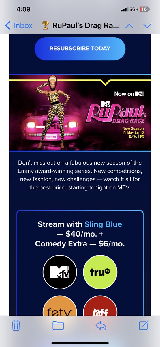 JoeyCerv's tweet photo. @Sling you told me I’d be able to watch rupauls drag race. You lied 😭😭😭 https://t.co/L1KhuOrKUI