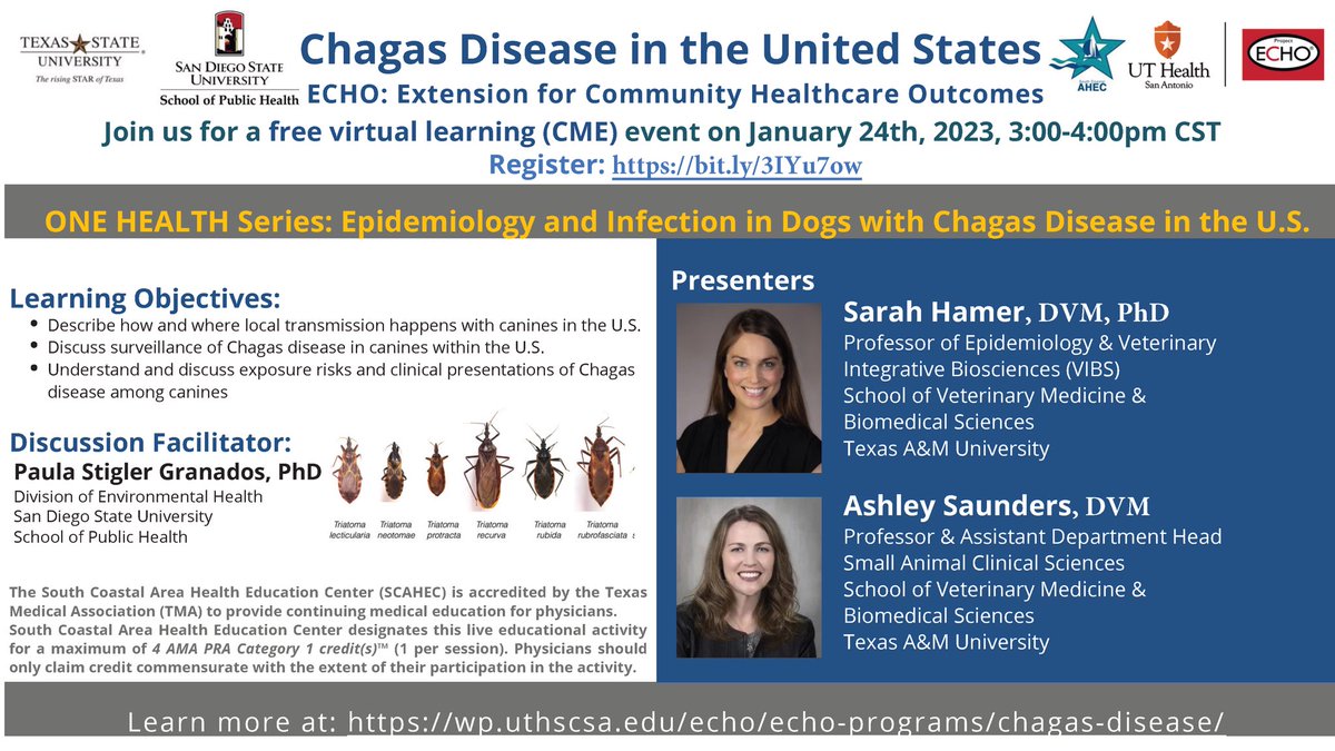 Join us for the next #Chagas #ECHO session in #OneHealth with Dr Sarah Hamer & Dr Ashley Saunders @tamuvetmed. Learning more about #Chagas in dogs in the U.S. @ReACHCntr @CDCGlobal @TXSTchpResearch @sdsuhealth @MedEdBot #IDTwitter Register: bit.ly/3IYu7ow