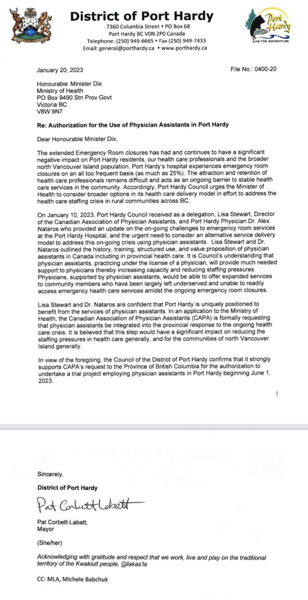 alexnatarosMD's tweet photo. This week TWO #PortHardy doctors announced their resignation effective June 2023

I will be the only doctor left in Port Hardy emerg on July 1

I need help.

I have hired a #PhysicianAssistant to start June 1 but I need @adriandix @Dave_Eby to give 👍🏼
Mayor/council wrote to Dix⬇️ https://t.co/5NZrO2zXjL