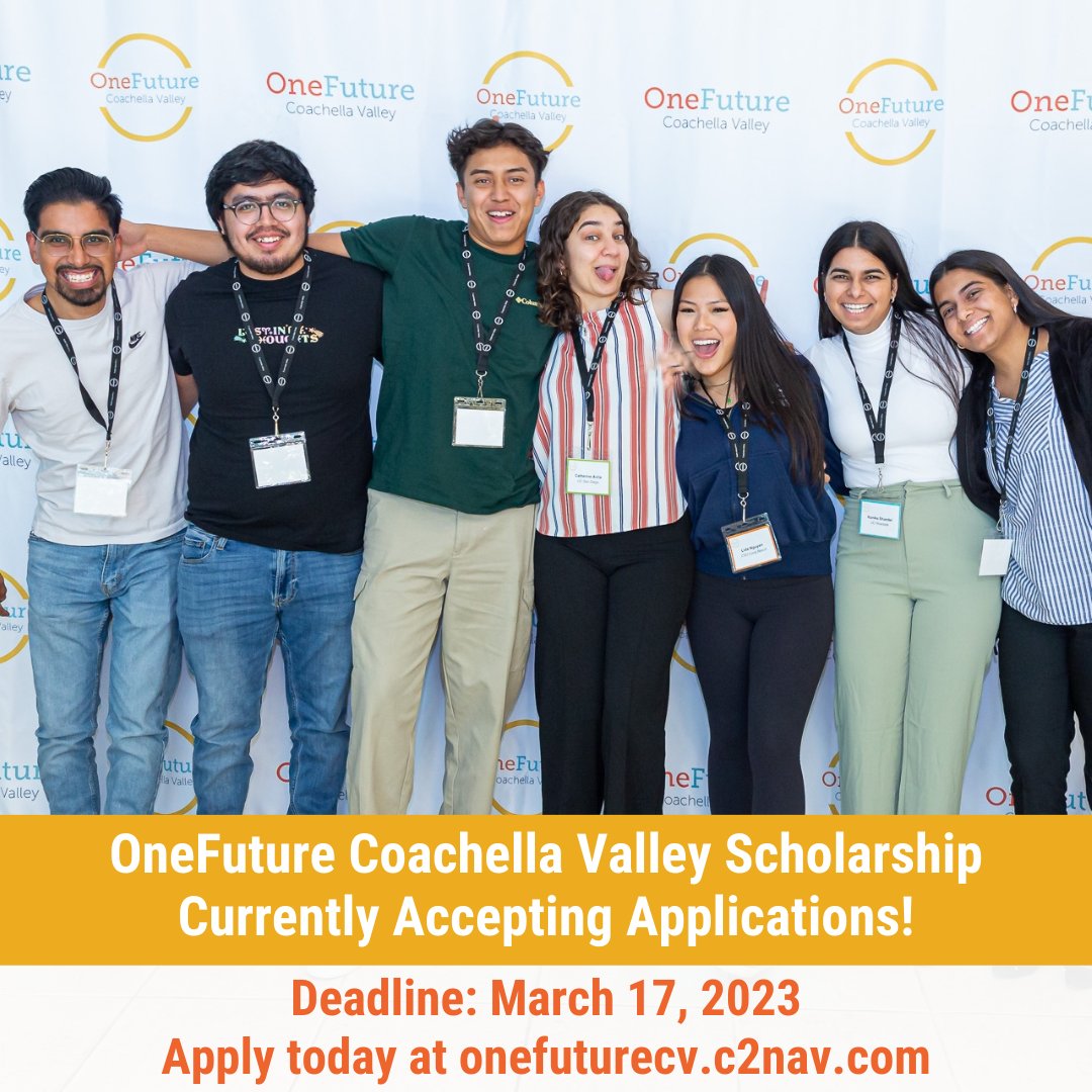 OneFuture CV (@onefuturecv) on Twitter photo All eligible high school seniors and current undergraduates are encouraged to apply for the OneFuture Coachella Valley Scholarship! onefuturecv.c2nav.com ✨ Deadline: Friday, March 17 ⚠️
<a href="/CVUnified/">Coachella Valley USD</a> <a href="/DesertSandsUSD/">Desert Sands USD</a> <a href="/PSUSD/">Palm Springs USD</a> <a href="/CSUSBNews/">CSUSB</a> <a href="/CollegeofDesert/">College of the Desert</a>
#OneFutureCV #scholarship All eligible high school seniors and current undergraduates are encouraged to apply for the OneFuture Coachella Valley Scholarship! onefuturecv.c2nav.com ✨ Deadline: Friday, March 17 ⚠️
<a href="/CVUnified/">Coachella Valley USD</a> <a href="/DesertSandsUSD/">Desert Sands USD</a> <a href="/PSUSD/">Palm Springs USD</a> <a href="/CSUSBNews/">CSUSB</a> <a href="/CollegeofDesert/">College of the Desert</a>
#OneFutureCV #scholarship