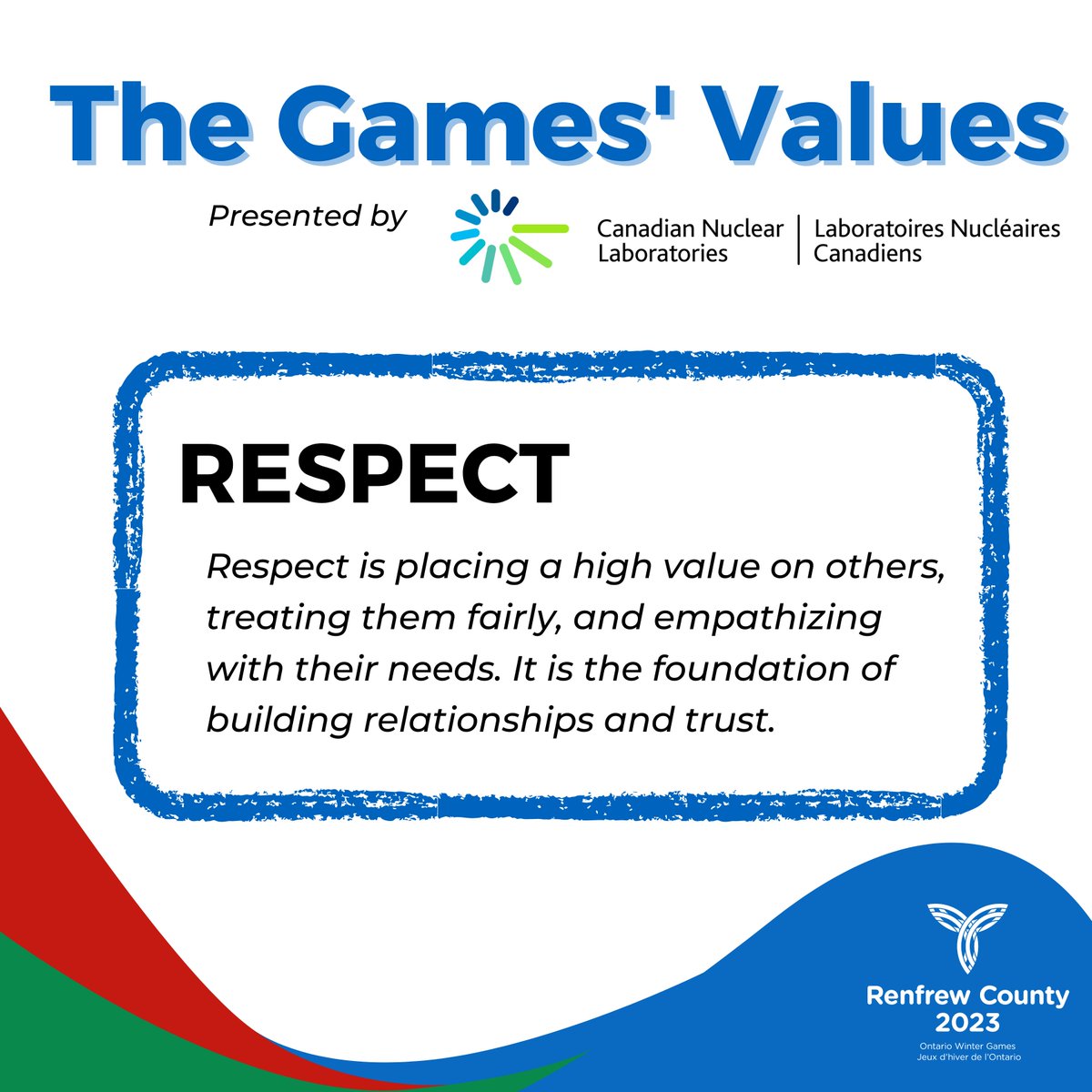 Whether an athlete, coach, volunteer or a fan, @CNL_LNC and the OWG want everyone involved in the Games to be respectful throughout the games!!
For more information on what the @CNL_LNC Games’ Values mean visit: countyofrenfrew.on.ca/en/news/renfre…