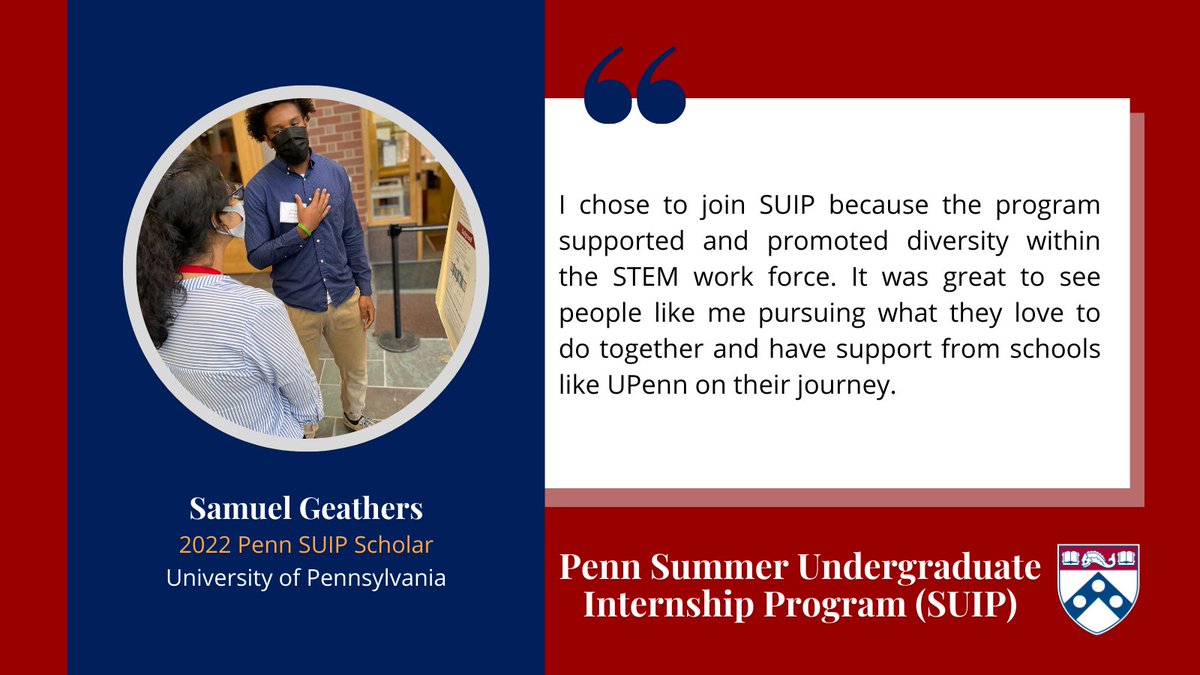Sam is a junior at @cabriniuniv and a former #PennSUIP intern (‘22). Sam studied NAD metabolism of electron transport chain-related diseases with @BaurLab @PennIDOM. Sam shares why he chose #PennSUIP. Reminder: SUIP app deadline is Feb 1! Visit: med.upenn.edu/idealresearch/…
