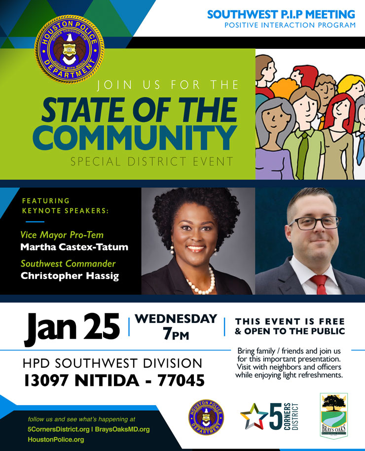 5CornersDist's tweet photo. Don't miss this important community event. Bring a neighbor! #StateoftheCommunity #DistrictK @MarthacastexT @houstonpolice https://t.co/mPTqFr4KME