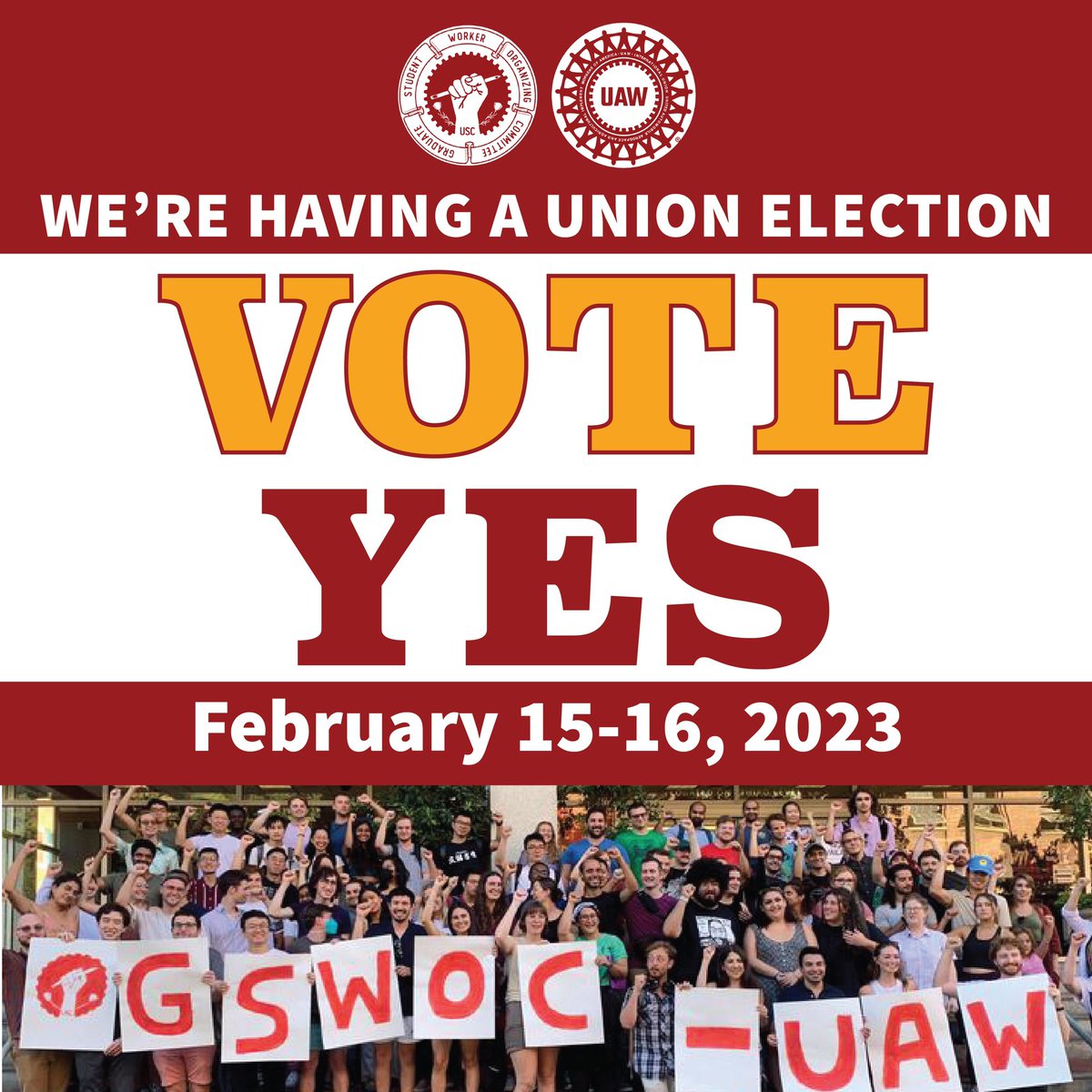 gswocusc's tweet image. We’ve set the dates for our union election! We are so excited to get out the YES vote and win our union.