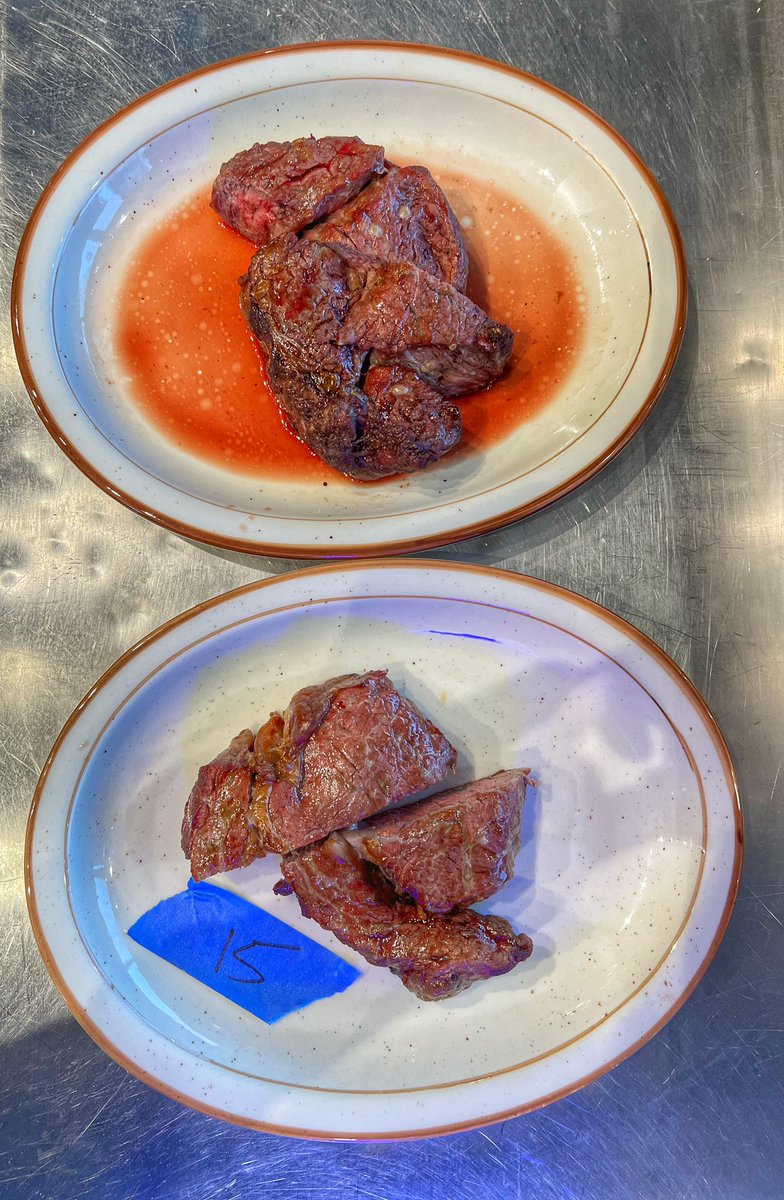 For anyone wondering if they should let their meat rest after cooking but before cutting. I cooked two identical cuts of meat. The top one was cut immediately the bottom one rested for 15 minutes.