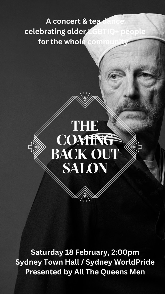 All The Queens Men (@a_t_q_m) on Twitter photo The Coming Back Out Salon: Sydney
A celebration of older LGBTIQ+ people, for the whole community.
Sydney Town Hall, Saturday 18th February
Tickets: shorturl.at/wAJY6
Presented by <a href="/A_T_Q_M/">All The Queens Men</a> for <a href="/SydWorldPride/">Sydney WorldPride 2023</a> #AllTheQueensMen The Coming Back Out Salon: Sydney
A celebration of older LGBTIQ+ people, for the whole community.
Sydney Town Hall, Saturday 18th February
Tickets: shorturl.at/wAJY6
Presented by <a href="/A_T_Q_M/">All The Queens Men</a> for <a href="/SydWorldPride/">Sydney WorldPride 2023</a> #AllTheQueensMen