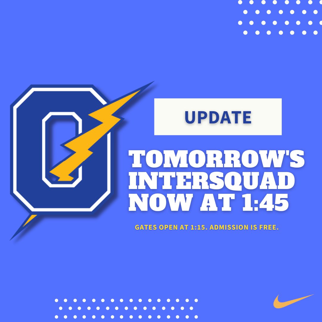 OxfordMSB's tweet photo. UPDATE: As to not interfere with the home playoff game for OHS Soccer, we will be pushing the start of tomorrowโs intersquad back to 1:45. Hope to see everyone there! #PackTheMoak #ChargedUp https://t.co/mfNIGjOYLJ
