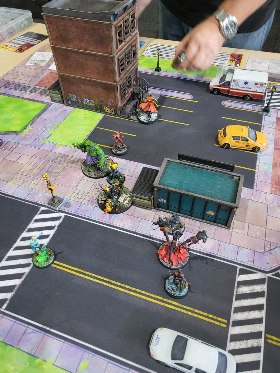 ZweihanderHall's tweet photo. MCP @ Cancon game 2: Legacy Virus &amp; Demons Downtown vs Steve Avengers. Super slow grind with Hulk and Steve vs Ghost Rider and Cage in the centre. Ended up dice down end turn 3 with a victory to the Defenders 8-5. #marvelcrisisprotocol https://t.co/pBMHqrkihQ