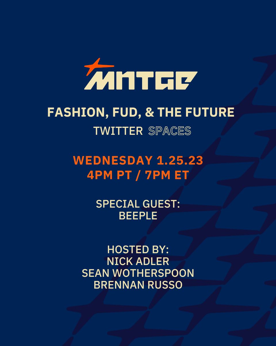 Fashion, FUD, &amp; The Future = Free Game #DontSleep 

We’re back at it again this Wednesday 1.25.23 for an extra special #FFF with one of the most consistent artists in the game, the enigmatic legend himself,  @Beeple

👇Set your reminders 👇
x.com/i/spaces/1jMKg…