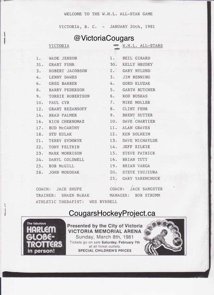 Victoria Cougars Hockey Project (@victoriacougars) on Twitter photo January 20, 1981
#WHL All Star Game – Victoria, BC
WHL All-Stars - 8
Victoria Cougars - 3
⭐️ Jim Benning: 2 goals - 2 assists
⭐️ Mike Moller: 2 goals
🐱 Grant Rezansoff: 3 assists
<a href="/grantfuhr/">Grant Fuhr</a> <a href="/tsydoryk/">Terry Sydoryk</a> <a href="/KellyHrudey/">Kelly Hrudey</a> <a href="/GregBarber63/">Greg Barber</a> January 20, 1981
#WHL All Star Game – Victoria, BC
WHL All-Stars - 8
Victoria Cougars - 3
⭐️ Jim Benning: 2 goals - 2 assists
⭐️ Mike Moller: 2 goals
🐱 Grant Rezansoff: 3 assists
<a href="/grantfuhr/">Grant Fuhr</a> <a href="/tsydoryk/">Terry Sydoryk</a> <a href="/KellyHrudey/">Kelly Hrudey</a> <a href="/GregBarber63/">Greg Barber</a>