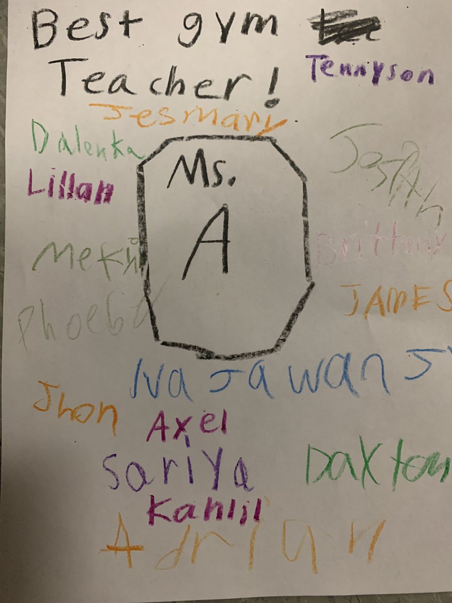 @SHAPE_America One of my 3rd graders @MacdSchool was unable to actively participate today. She asked for crayons and paper and, totally unbeknownst to me, made this and got all of her classmates to sign it. Touched my heart 🤗#WhatMadeYourWeek